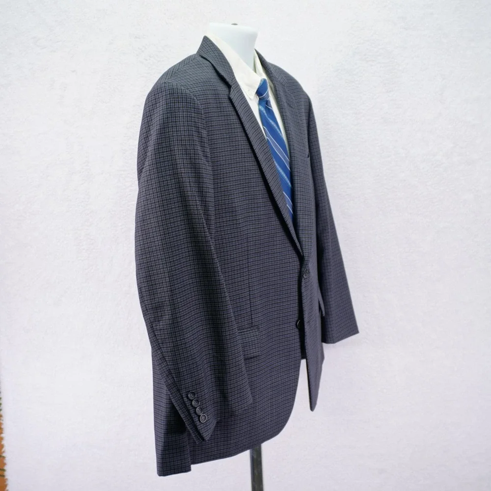 Pronto Uomo Platinum‎ Wool Blend Sport Coat Blue Gray Black Plaid Portly 46R